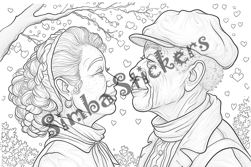 Colouring pages, bundle of people, grandparents in love at picnic, 25 images