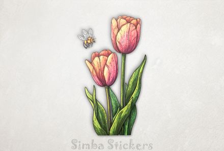 Bees flying above tulip flowers, watercolour