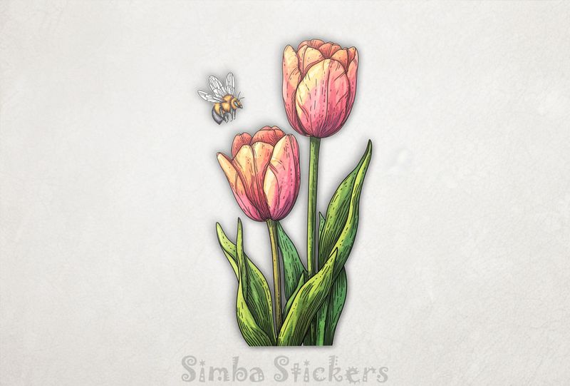 Bees flying above tulip flowers, watercolour