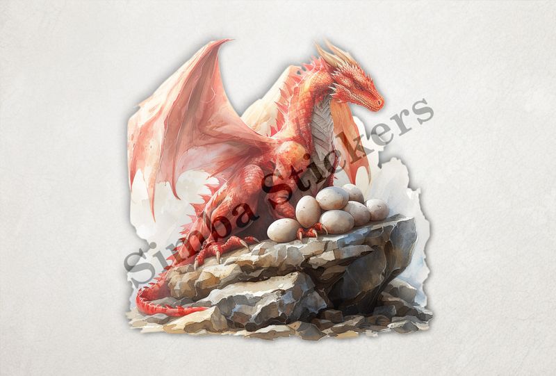 Red dragon brooding over her eggs, watercolour