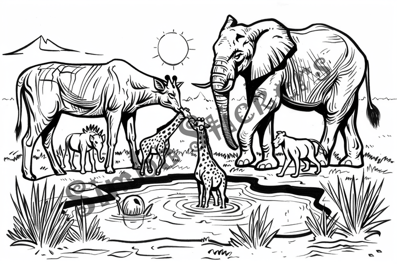 Colouring pages, bundle of African Savanna landscape with animals, 10 images