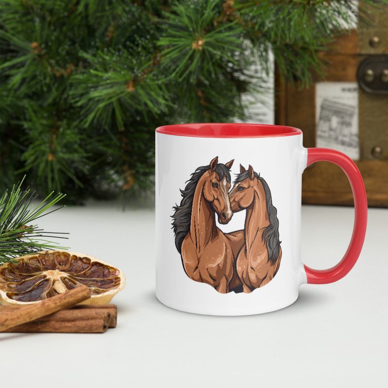 White Ceramic Mug with Color Inside, 11&amp;15oz, Two brown horses snuggling, tdwcyd