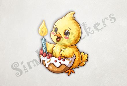 Cute Chick holding up a birthday candle, one foot in egg