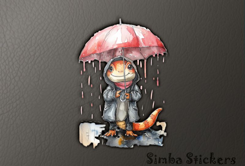 Lizard holding umbrella in the rain, watercolour