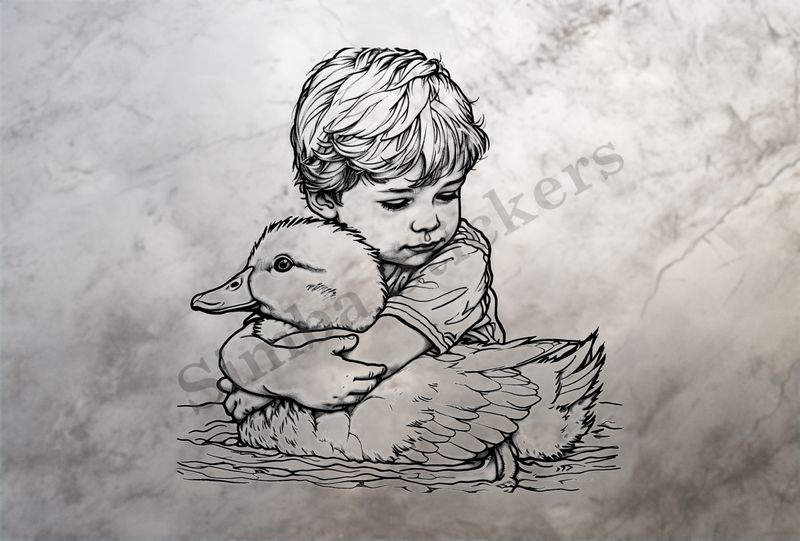 Duck hugged by small boy, outline art