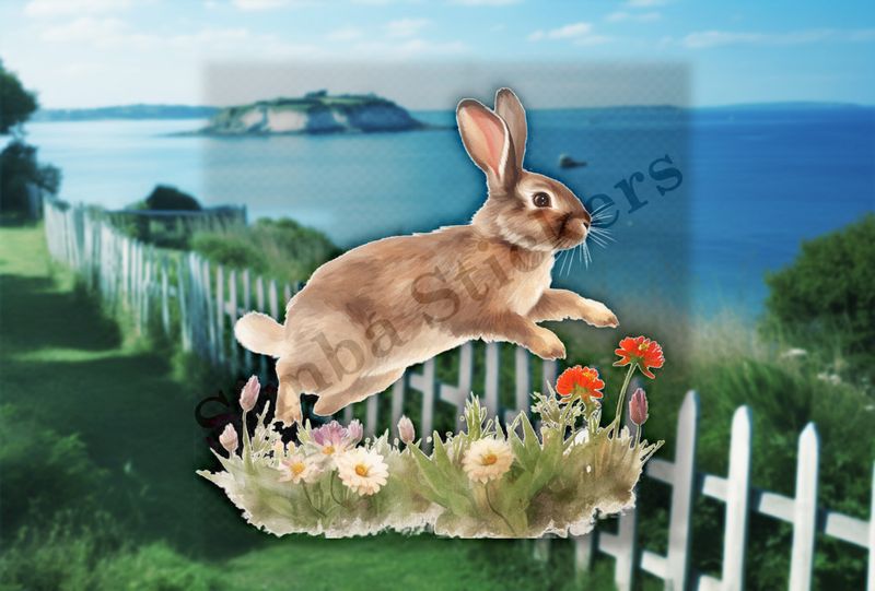 Rabbit jumping on flowery grass, watercolour