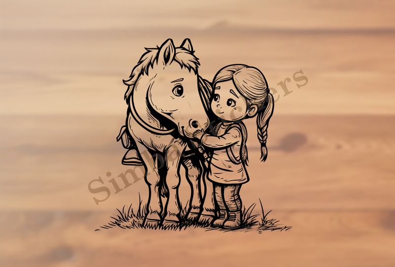 Horse being petted by a small girl, outline art