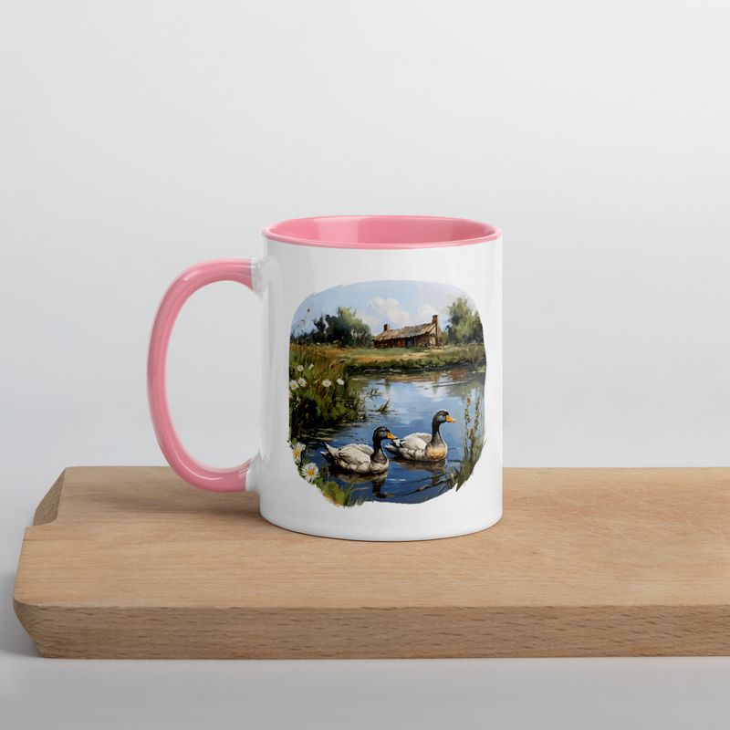 White Ceramic Mug with Color Inside, 11 &amp;15oz, Ducks in love swimming in farmhouse pond 