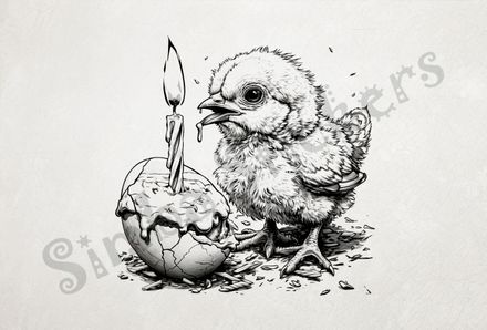 Chick about to blow out birthday candle stuck inside egg