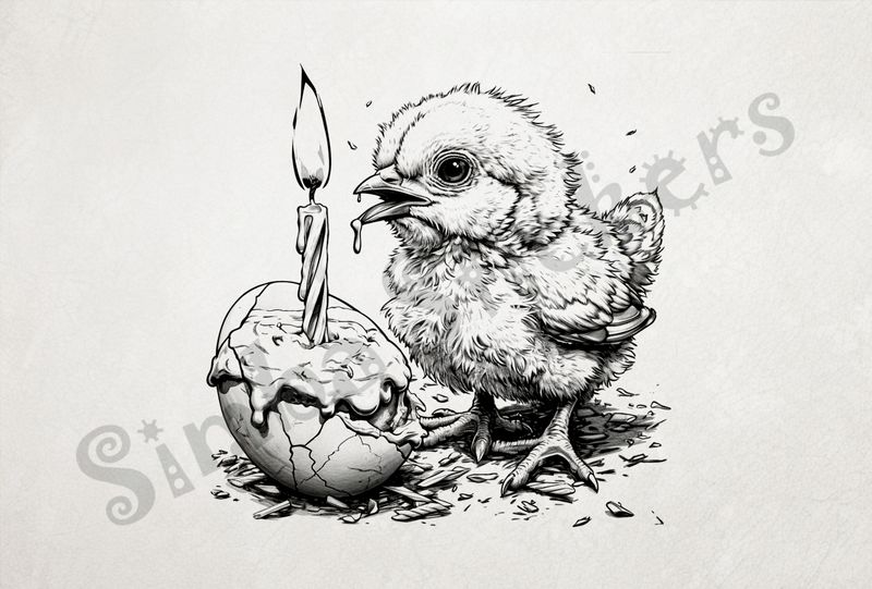 Chick about to blow out birthday candle stuck inside egg
