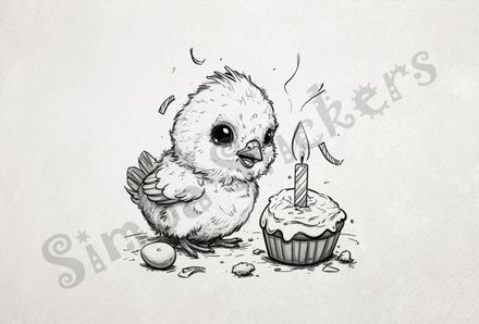 Chick blowing out a birthday candle on a cupcake, outline art