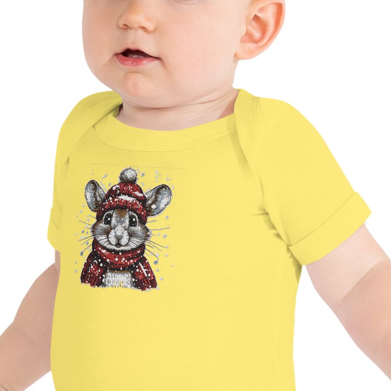 Embroidered Baby Short Sleeve One Piece, Mouse wearing red winter hat and scarf in the snow, xg8dl3