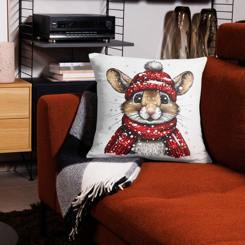 Pillow case 22x22, Mouse wearing red winter hat and scarf in the snow, xg8dl3