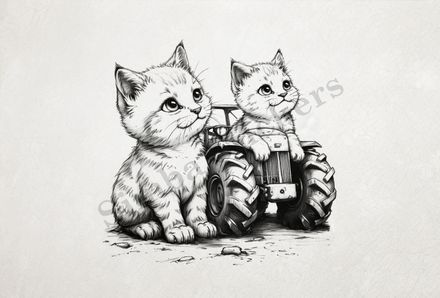 Cats by a tractor, romantic, outline art