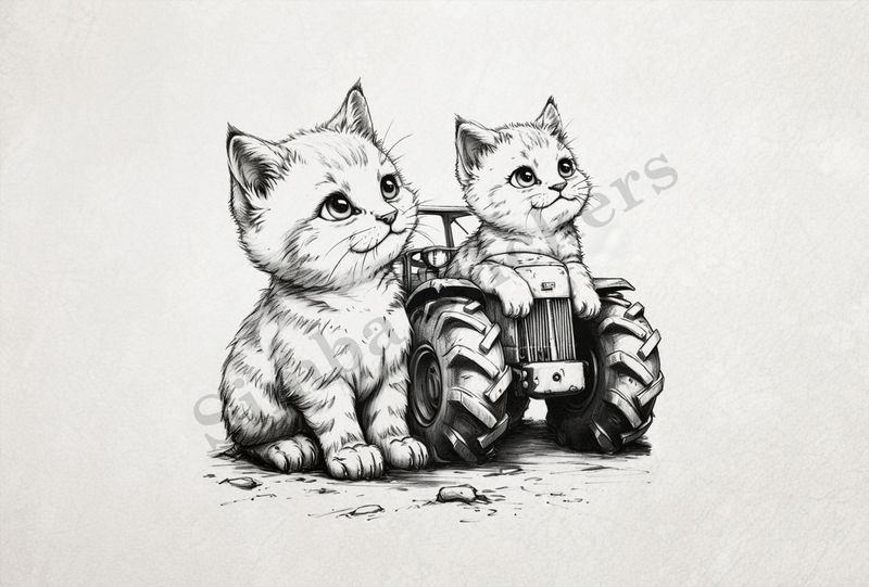 Cats by a tractor, romantic, outline art