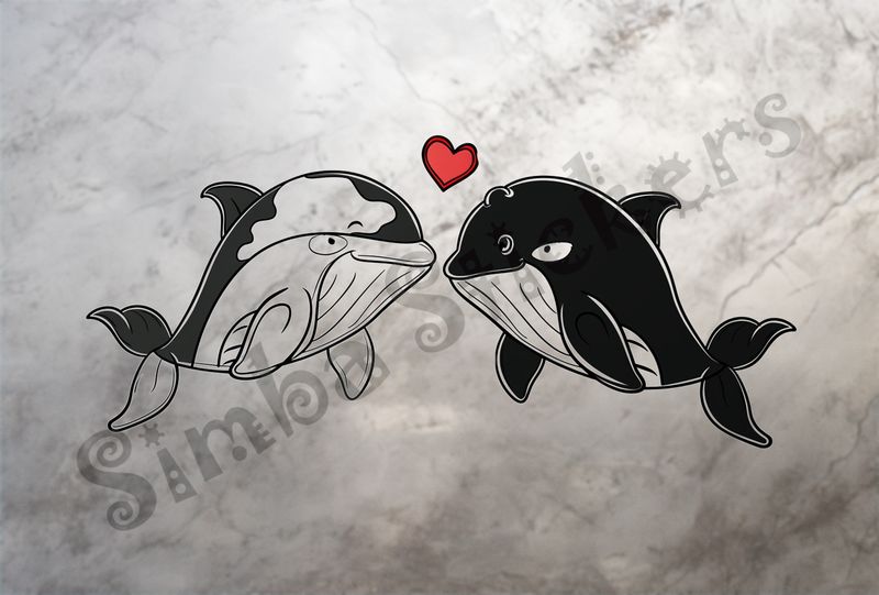 Whales nose-to-nose in love, red Valentine&#x27;s heart above, outline art