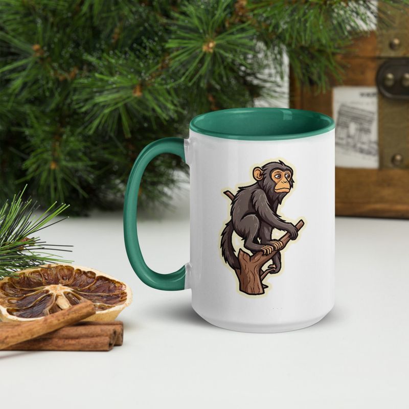 White Ceramic Mug with Color Inside, 11oz &amp; 15oz, Baboon on a tree, looking sad, head-to-head