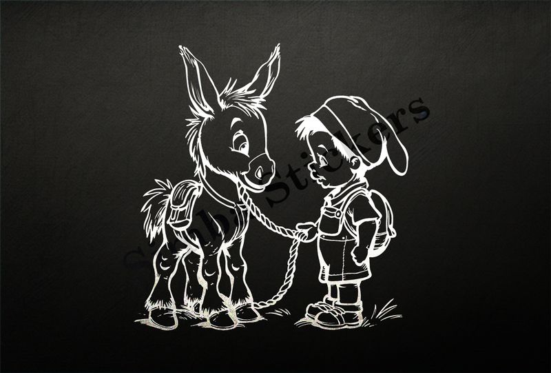 Donkey led on a rope by a small boy, outline art