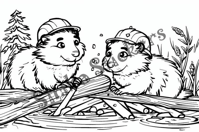 Colouring pages, bundle of beavers building in hard hat, 10 images