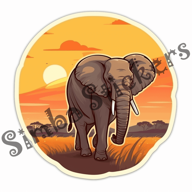 Elephants at sunrise or sunset, sticker-style, image set, 25 images, orxvzg