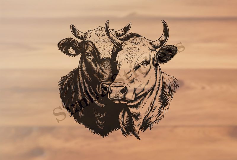 Cattle, one white, one black, cheek-to-cheek, heart in picture, outline art