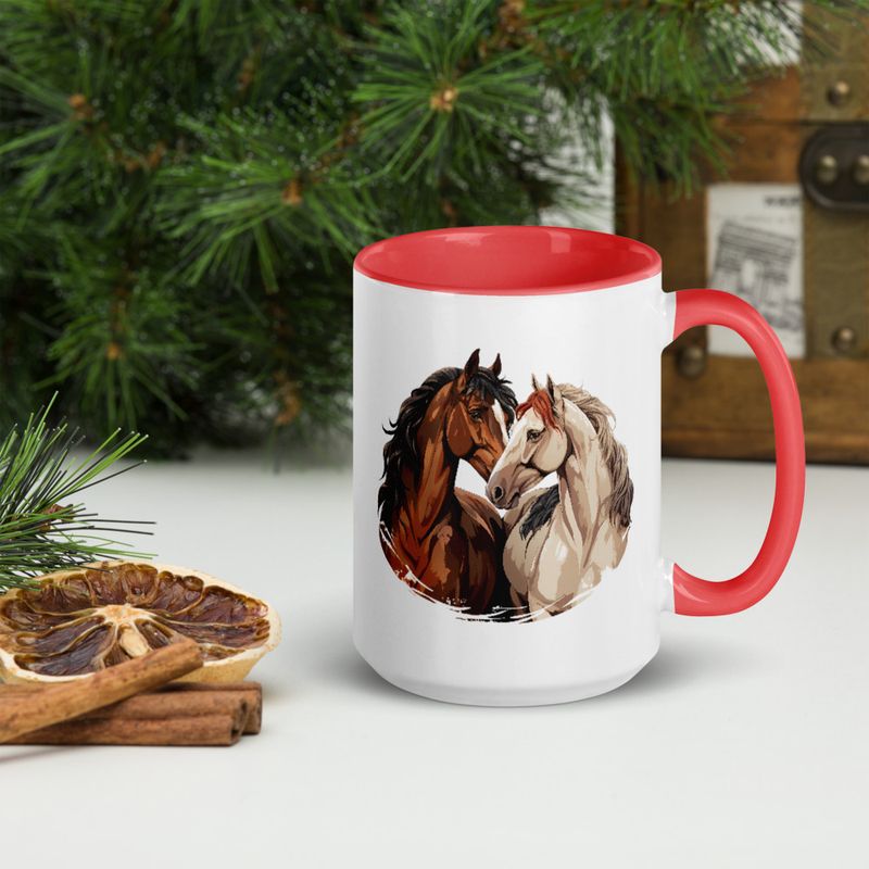 White Ceramic Mug with Color Inside, 11&amp;15oz, Horses nose-to-nose, jbgjpy