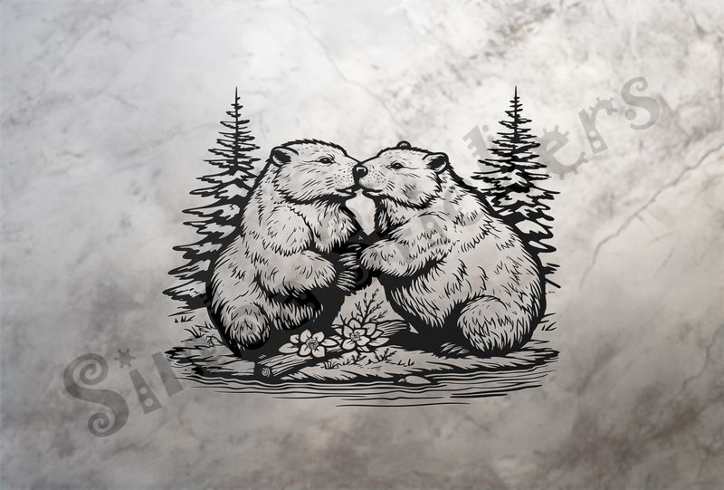 Beavers nose-to-nose in the woods, outline art
