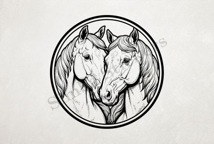 Horses nose-to-nose, in a circle, outline art