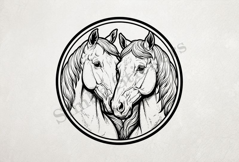 Horses nose-to-nose, in a circle, outline art