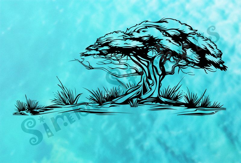 African Savanna landscape, giant tree, outline art