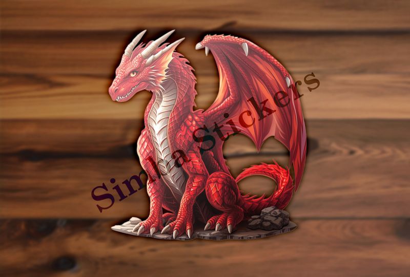 Red dragon spreading wings on rocky platform