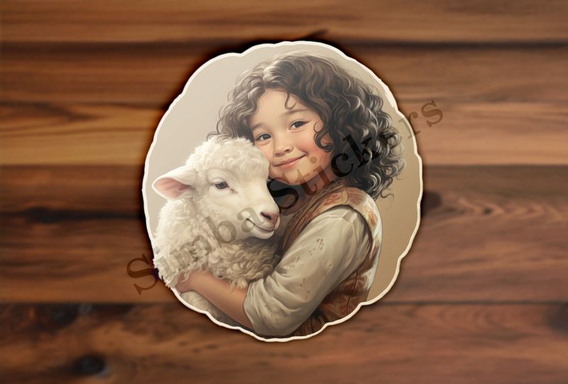 Sheep hugged by smiling girl of Asian origin, vintage