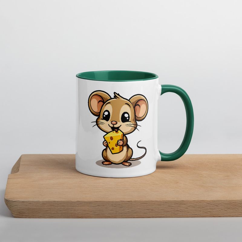 White Ceramic Mug with Color Inside,11&amp;15oz,Small Mouse happily licking large chunk of cheese,pqapy6