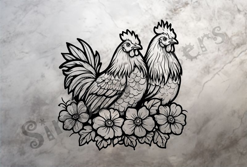 Rooster and hen chicken cuddling over flowers, outline art