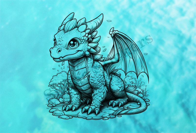 Baby dragon, one wing spread out, outline art