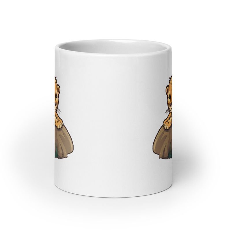 White Glossy Mug, 20oz, Baby cheetah on a rock, head-to-head