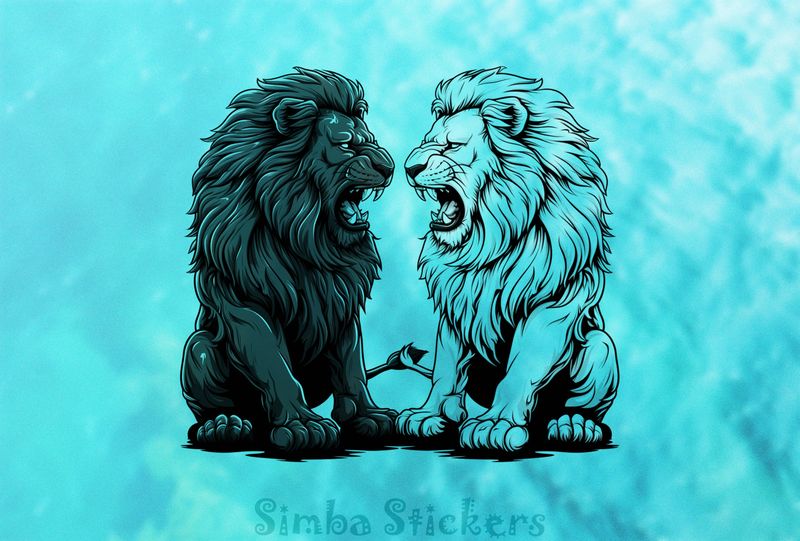 Two Lions roaring at each other while sitting, outline art, blyljo