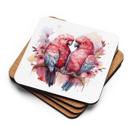 Cork-Back Coaster, Reddish parrots perching in pinkish background, watercolour, kzebwr, mirrored