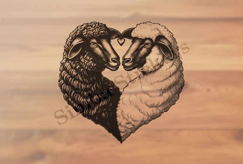 Sheep in love, one white, one black, forming a heart, outline art