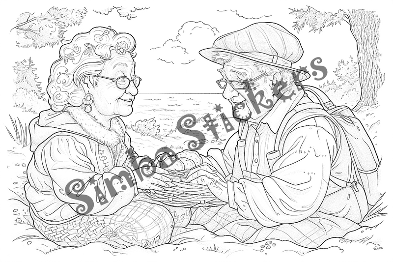 Colouring pages, bundle of people, grandparents in love at picnic, 25 images