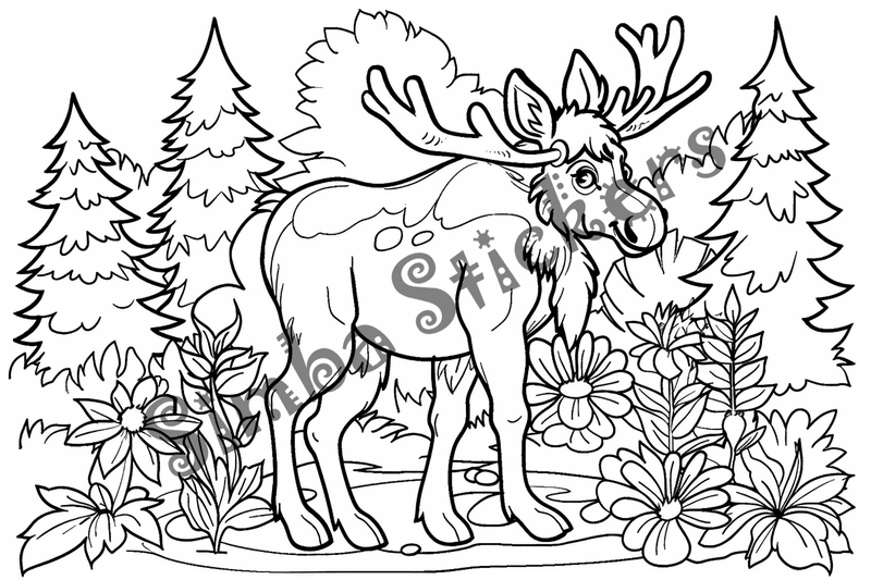 Colouring pages, Bundle of cute moose, 25 images