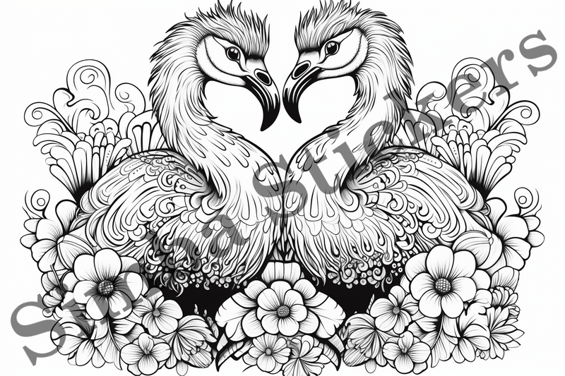 Colouring pages, Bundle of ostriches in love, 10 images