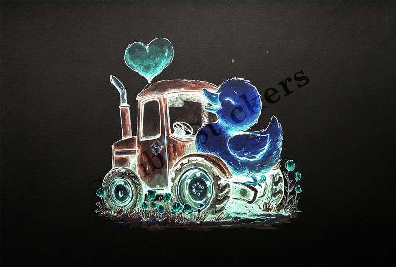 Duckling sitting appreciatingly on farmer&#x27;s tractor