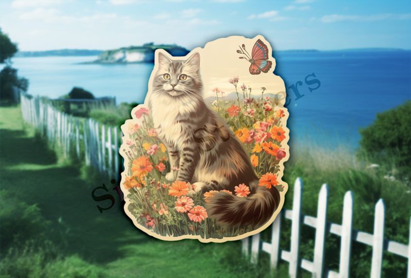 Vintage cat in flower field
