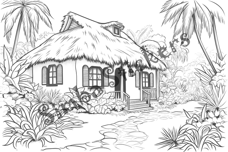 Colouring pages, bundle of houses, African thatched, 10 images