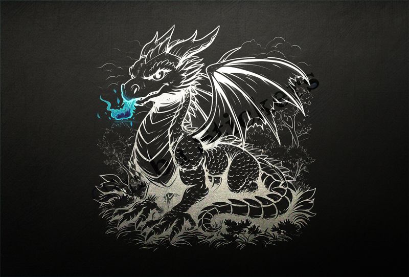 Dragon breathing fire, bushy background, outline art