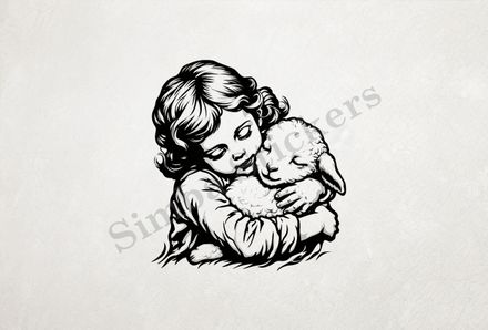 Small lamb cheek-to-cheek with girl , outline art