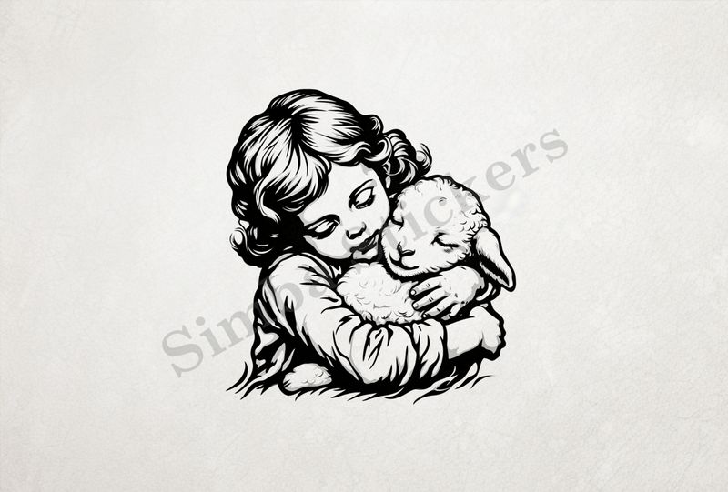 Small lamb cheek-to-cheek with girl , outline art