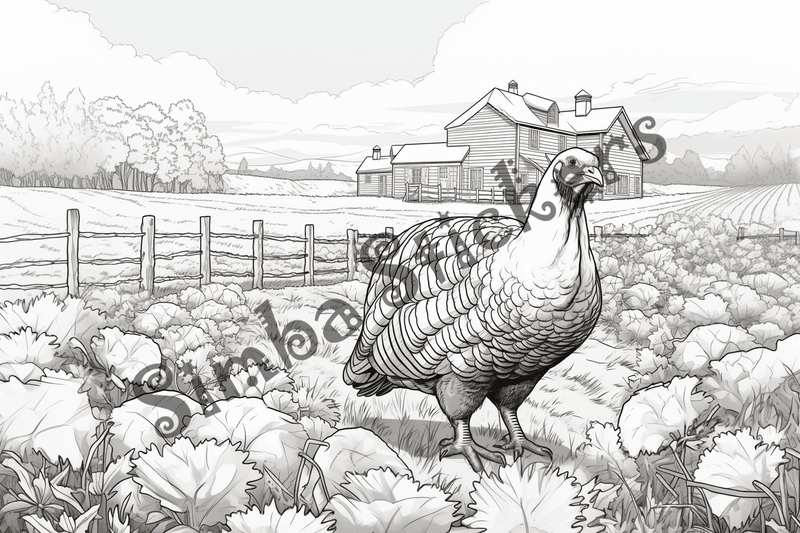 Colouring pages, bundle of turkeys on a farm, 25 images