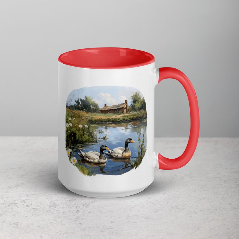 White Ceramic Mug with Color Inside, 11 &amp;15oz, Ducks in love swimming in farmhouse pond 